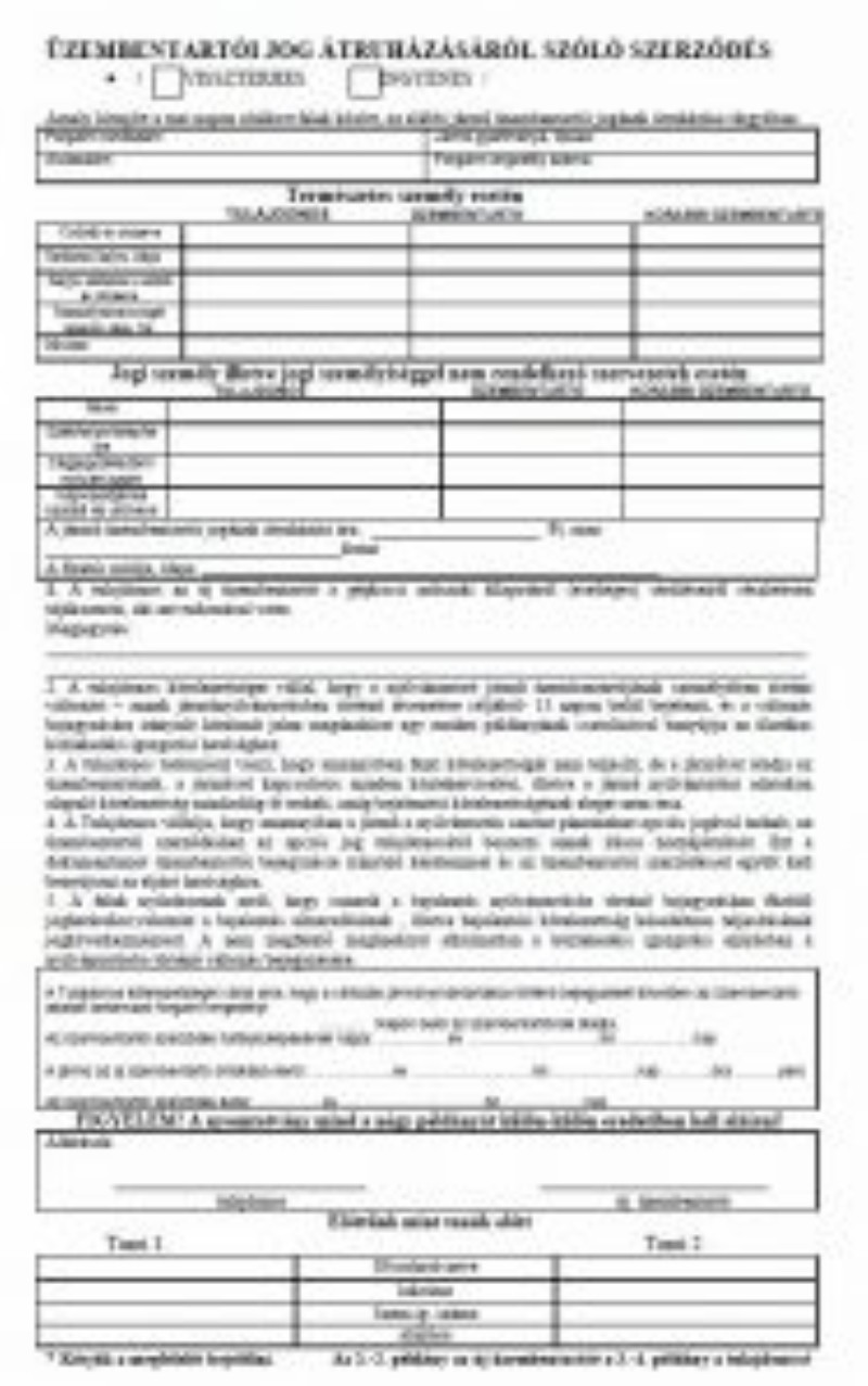 Üzembentartói jog átruházásáról szóló szerződés 4 lapos A/4