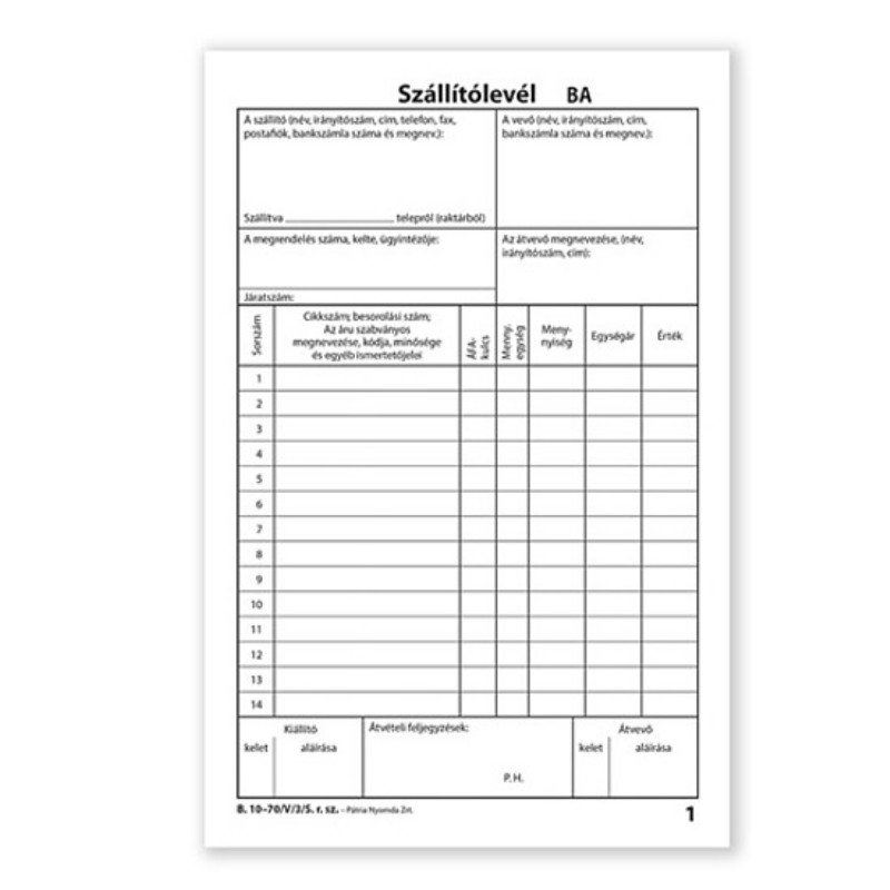 Szállítólevél Pátria A/5 B.10-70/A/V/S 25x4 lapos
