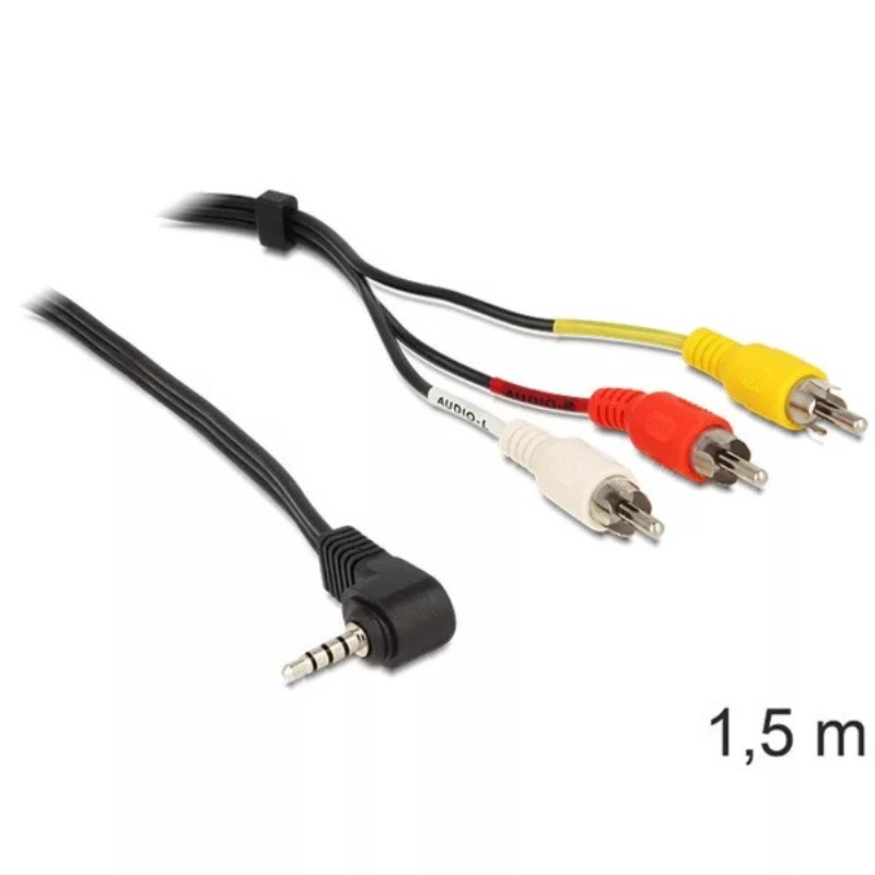 Kábel DELOCK Stereo Jack 3.5mm 4 pin male 90 fokos > 3x RCA male 1.5m