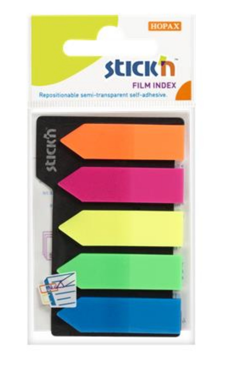 Oldaljelölő  műanyag nyíl Stick'n 5x25 lap, 42x12mm,neon színek
