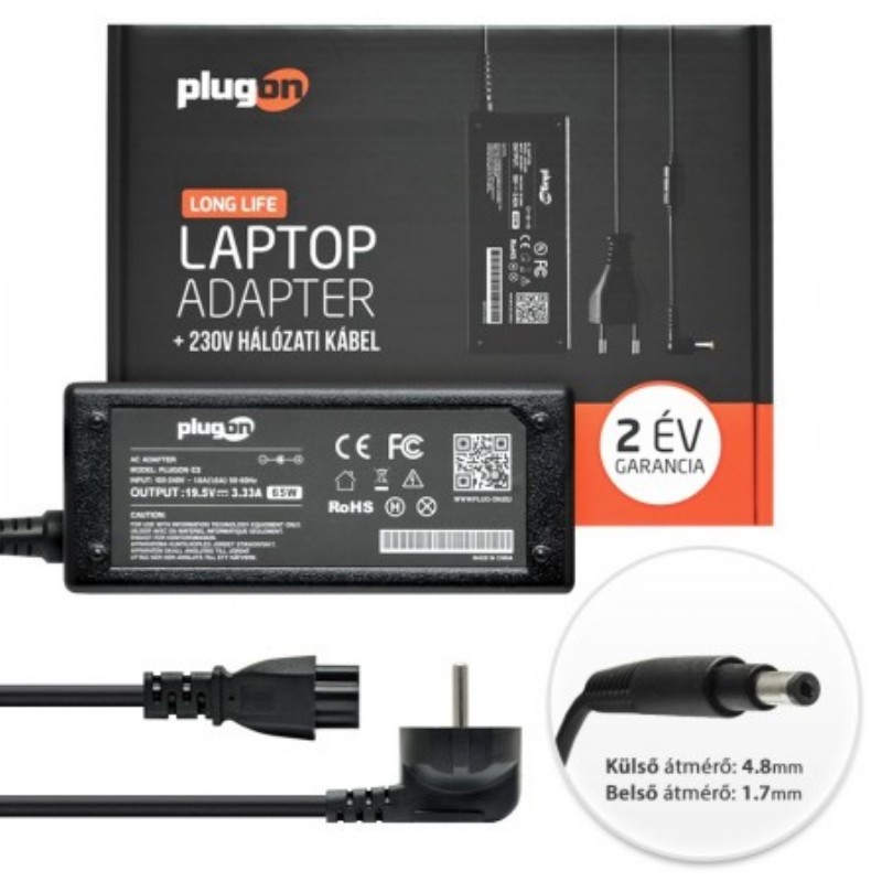 Notebook töltő PlugOn HP 19.5V 3.33A 65W 4,8x1,7mm