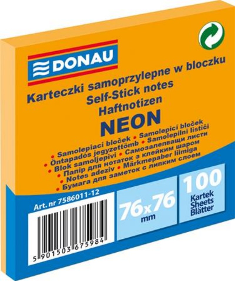 Jegyzettömb öntapadós Donau 76x76mm 100lap Neon Narancs